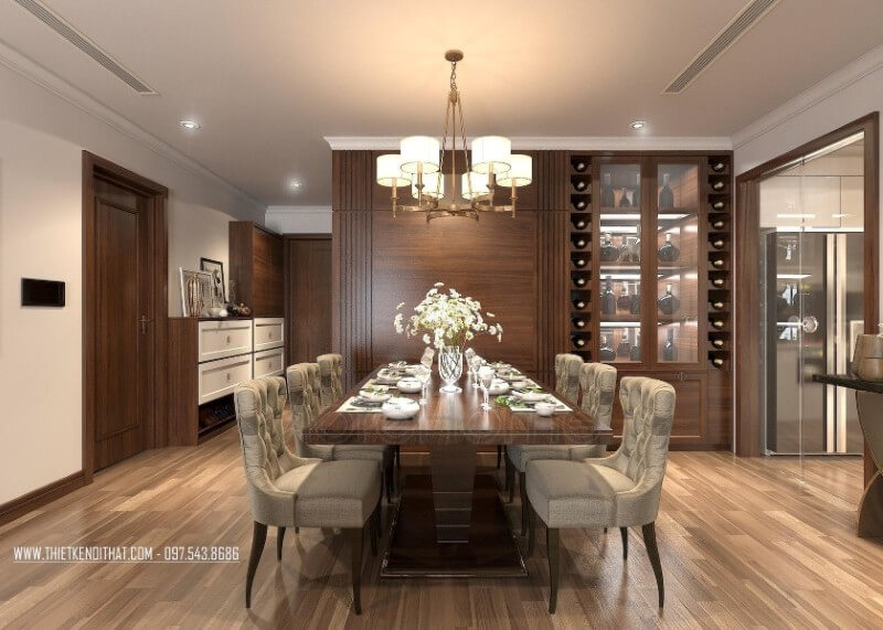Gỗ tự nhiên luôn là dòng chất liệu được mọi gia chủ ưu ái và lựa chọn cho không gian sống của mình. Thiết kế nội thất phòng ăn chung cư gỗ tự nhiên thể hiện sự gu thẩm mỹ của gia chủ, đồng thời mang lại những bữa cơm ngon miệng cho thành viên trong gia đình thiết kế biệt thự
