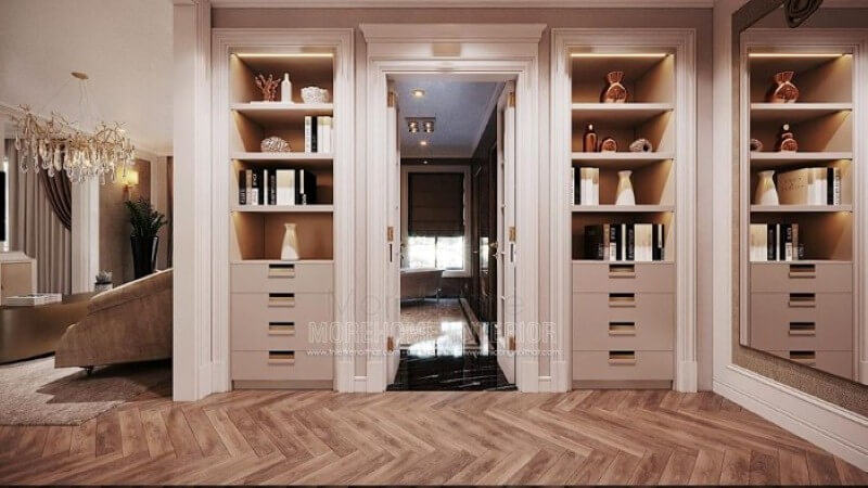 Tủ kệ đựng đồ gỗ tự nhiên đẹp, sang trọng cho phòng ngủ master liền phòng tắm. thiết kế biệt thự