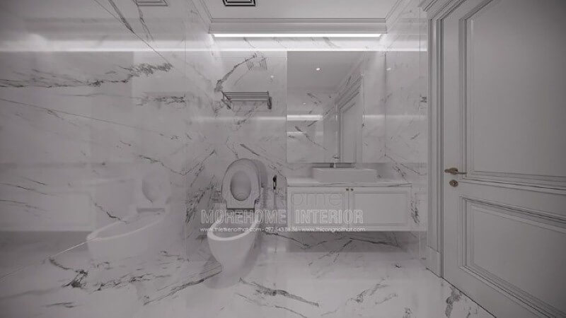 Thiết kế phòng vệ sinh nhỏ đẹp ấn tượng với đá lát nền, ốp tường đồng bộ tạo nên sự độc đáo, mới lạ cho không gian. thiết kế biệt thự