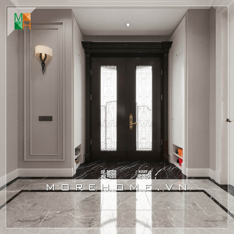 Mẫu thiết kế cửa gỗ tự nhiên màu đen hai cánh đẹp và sang trọng cho chung cư, nhà phố, biệt thự. Mẫu nội thất biệt thự đẹp