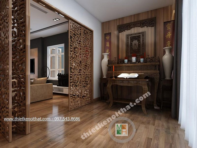Thiết kế chốn linh thiêng với nội thất gỗ tự nhiên cao cấp, ấn tượng Thiết kế nội thất phòng thờ biệt thự