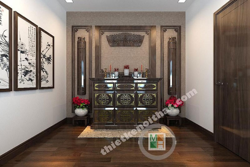 Thiết kế nội thất phòng thờ gỗ tự nhiên sang trọng thể hiện sự tôn nghiêm ở chốn linh thiêng Thiết kế nội thất phòng thờ biệt thự