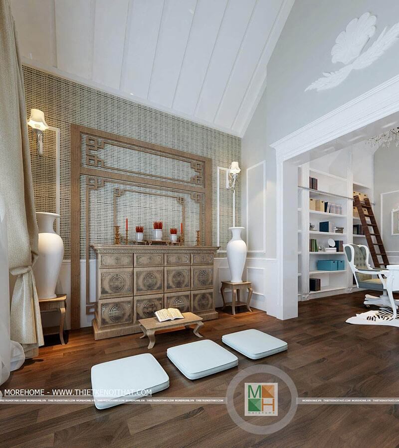 Thiết kế phòng thờ đơn giản , nội thất phòng thờ gỗ tự nhiên sang trọng tạo nên không gian yên tĩnh, thanh thoát Thiết kế nội thất phòng thờ biệt thự