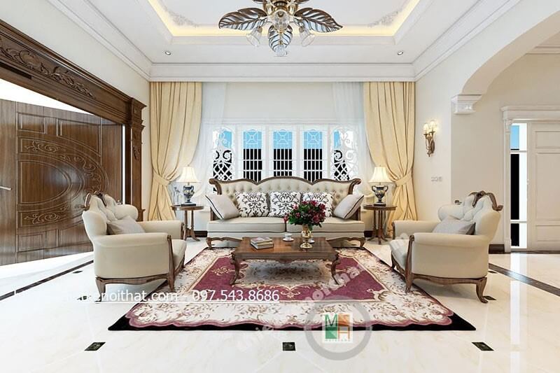Thiết kế phòng khách rộng với nội thất gỗ tự nhiên tone màu trắng tạo không gian phòng cao cấp sang trọng Thiết kế phòng khách biệt thự