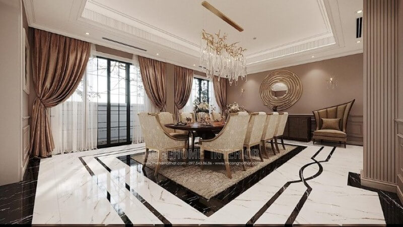 Mẫu đèn thả bàn ăn pha lê kiểu dáng mới lạ đã tạo nên vẻ đẹp cuốn hút, sang trọng cho không gian đương đại. Thiết kế nội thất phòng bếp ăn biệt thự