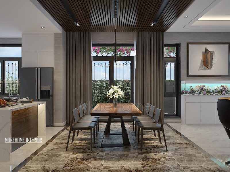 Bộ bàn ăn 6 ghế gỗ óc chó tạo nét đẹp, hiện đại, sang trọng cho phòng ăn biệt thự, nhà phố. Thiết kế nội thất phòng bếp ăn biệt thự