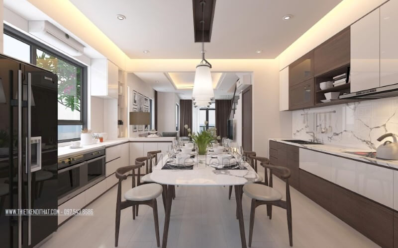 Thiết kế nội thất phòng bếp hiện đại nhưng nhẹ nhàng, sang trọng. Thiết kế nội thất phòng bếp ăn biệt thự