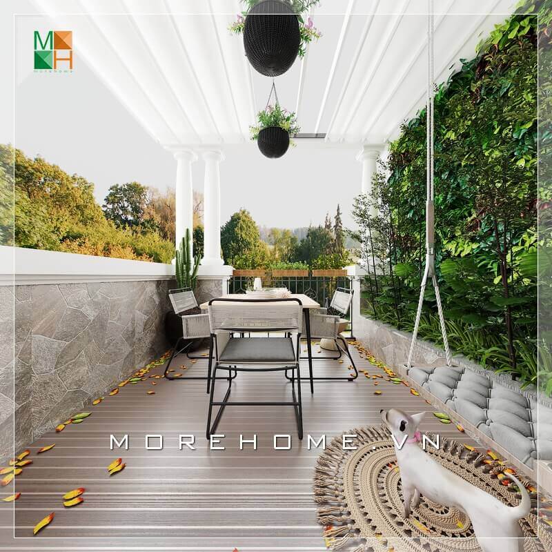 Thiết kế ban công mang phong cách hiện đại, bộ bàn ghế khá đơn giản nhưng không làm mất đi vẻ sang trọng của không gian nơi đây. Mẫu ban công biệt thự