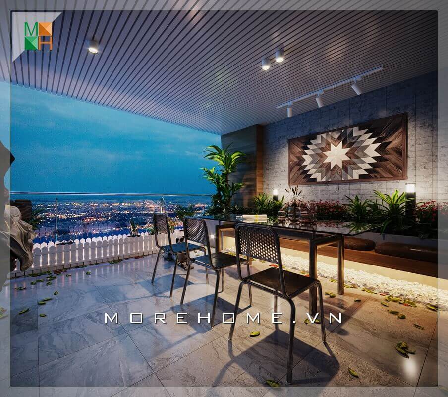 Mẫu bàn mặt kính ba ghế đứng rất phù hợp với thiết kế không gian ban công nơi đây. Với phong cách thiết kế sáng tạo, ban công ngôi nhà của bạn được biến hóa trở nên đẹp hơn, xanh hơn, thậm chí có thể giúp ngôi nhà như rộng hơn. Mẫu ban công biệt thự