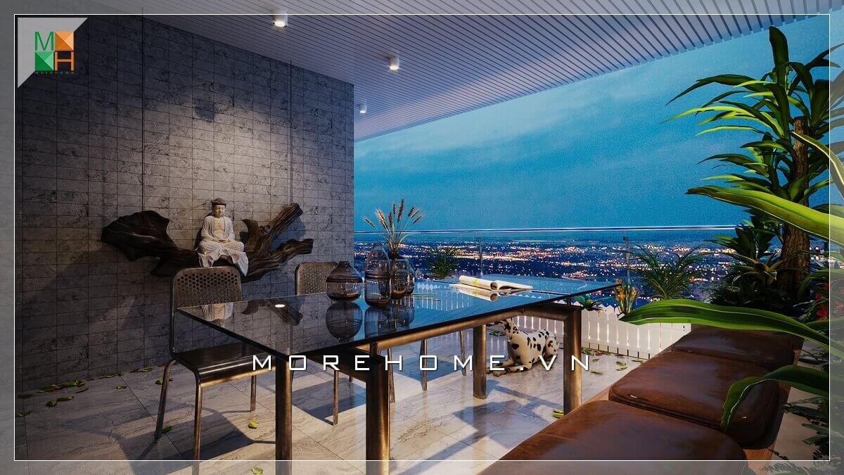 Ấn tượng mẫu bàn ghế mặt kính ban công sang trọng phù hợp với không gian thiết kế nơi đây. Mẫu ban công biệt thự