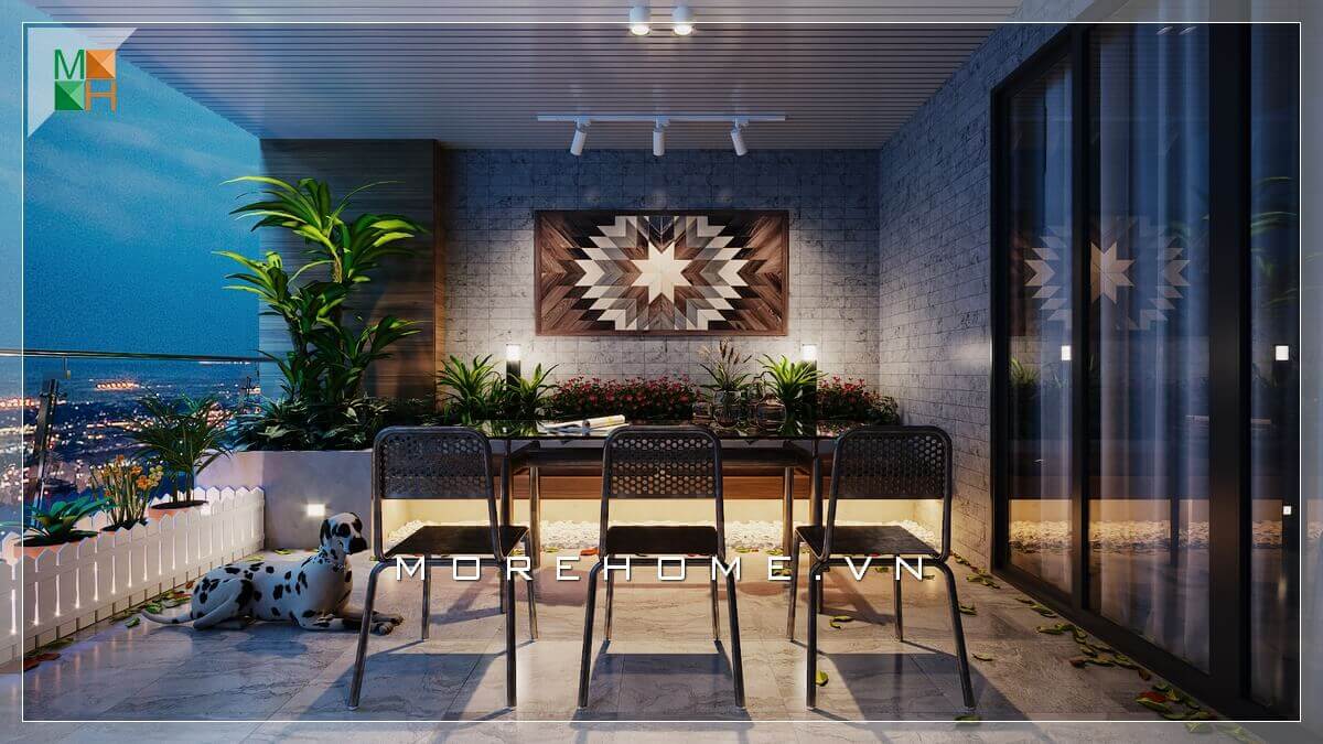 Ấn tượng với mẫu tranh canvas họa tiết độc đáo làm tăng thêm vẻ sang trọng cho không gian ban công biệt thự hiện đại. Mẫu ban công biệt thự