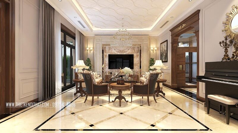 Trang trí phòng khách biệt thự sang trọng bằng bộ bàn ghế đơn sofa gỗ óc chó Thiết kế phòng khách biệt thự