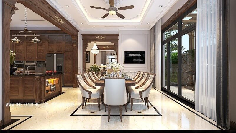 Mẫu thiết kế phòng ăn biệt thự gỗ tự nhiên