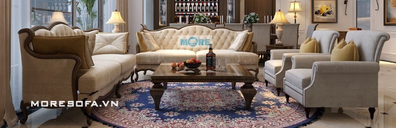 Sofa Tân cổ điển MS-018 gỗ tự nhiên bọc nỉ cao cấp nhập khẩu với các đường cong uốn lượn kết hợp với bàn trà, các vật dụng trang trí tao điểm nhấn cho phòng khách Mẫu sofa đẹp cho nhà biệt thự