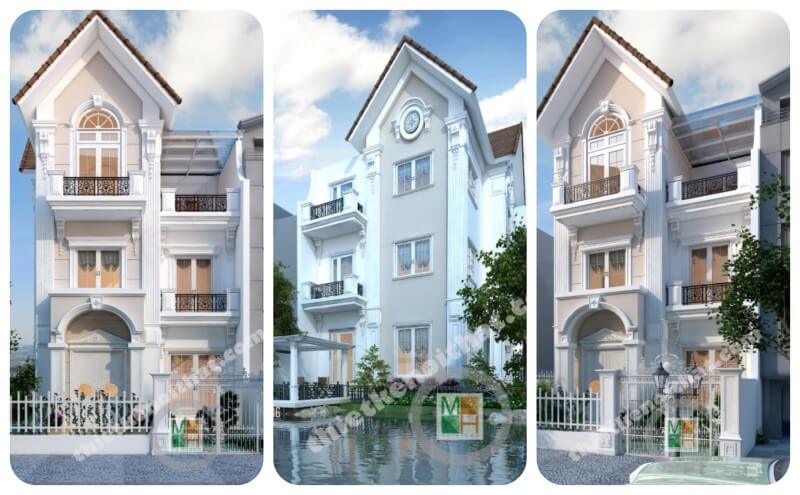 Sản phẩm thiết kế kiến trúc biệt thự 3 tầng mái thái tân cổ điển ở Vinhomes Riverside Sài Đồng Hà Nội thiết kế biệt thự Hà Nội