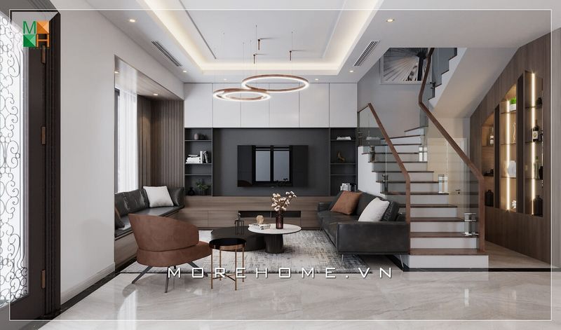 Mẫu thiết kế nội thất cho biệt thự hiện đại, cao cấp và nổi bật bởi bộ sofa bọc da màu đen trẻ trung, tinh tế.